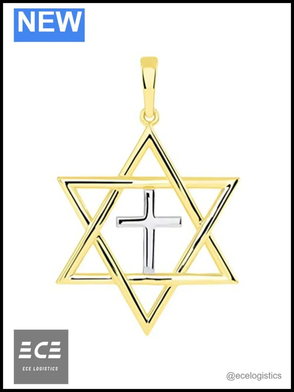 14k Yellow Gold Jewish Star of David with Cross Judeo Christian Pendant